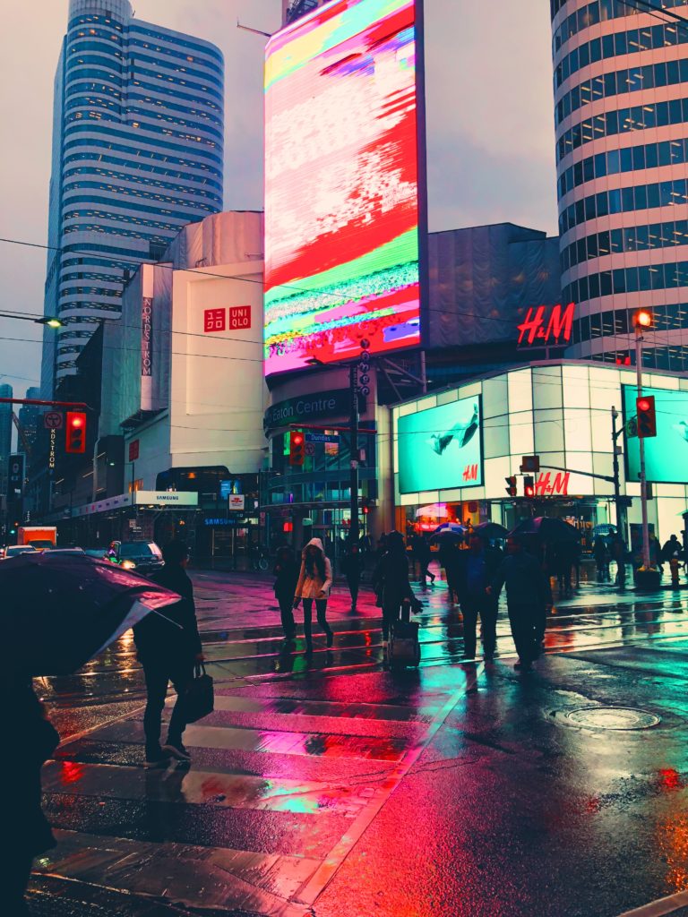 The intersection of Yonge and Dundas in the rain.